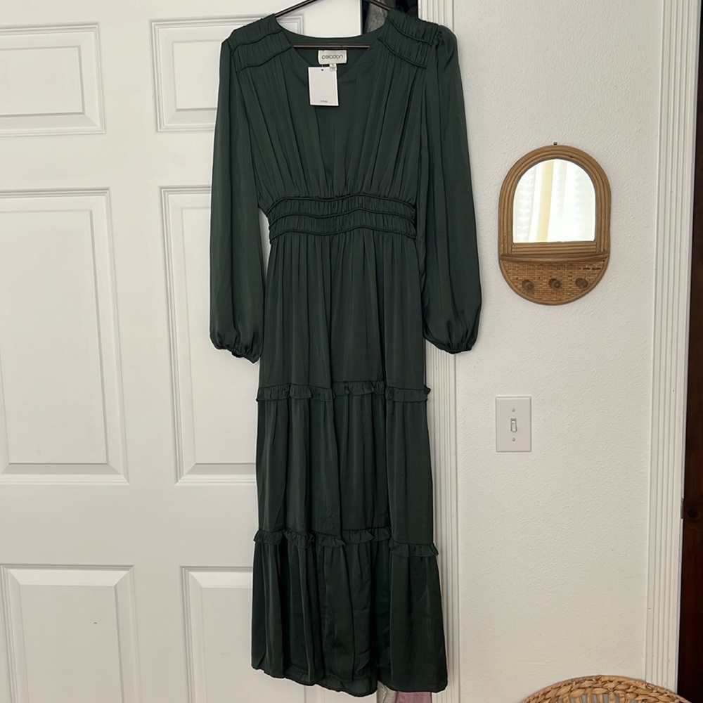 Henley Dark Green Satin Maxi Dress S